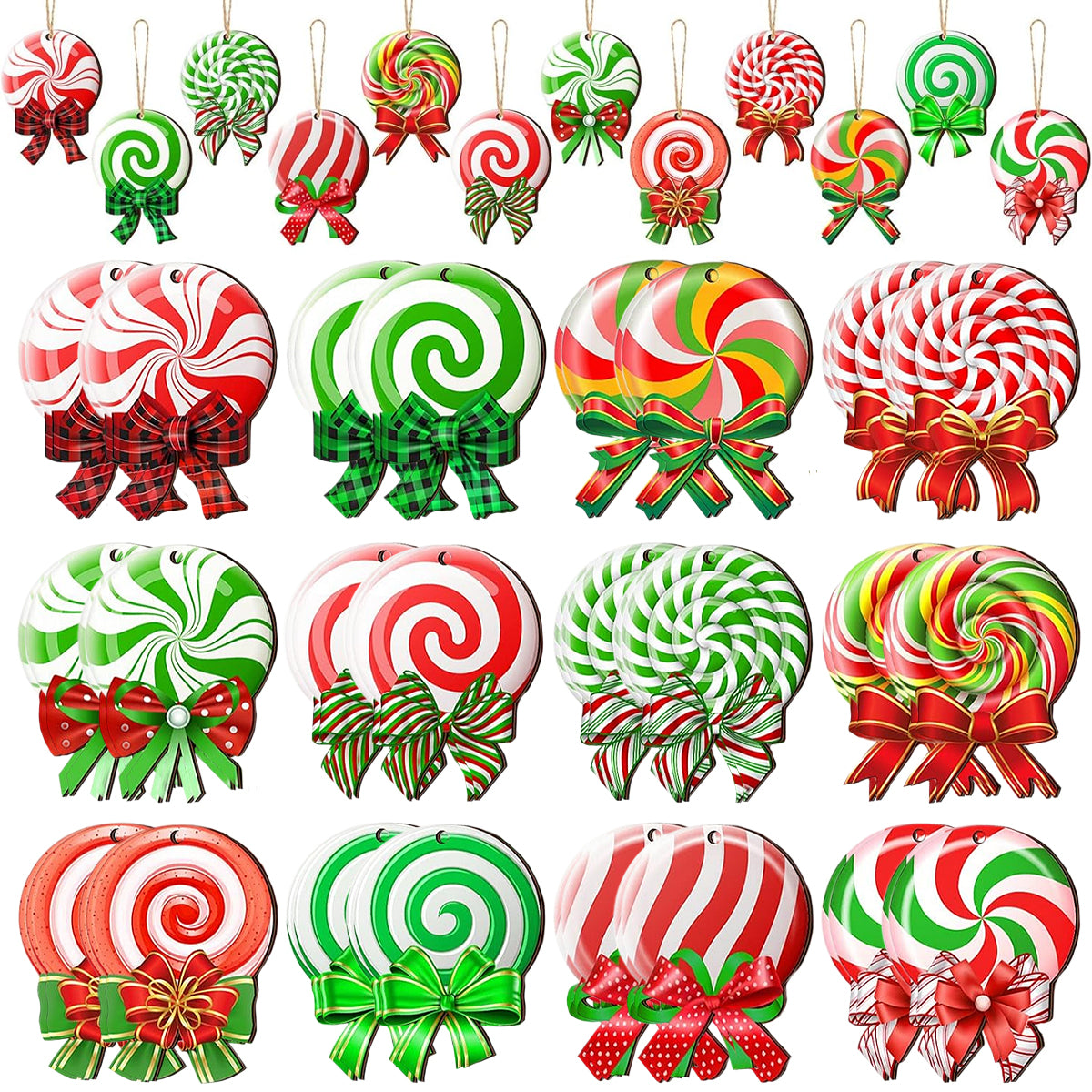 24PCS Christmas Candy Ornament With Ropes Colorful Candy Round Lollipop Wooden Pendant Xmas Hanging Decoration For Christmas Indoor Outdoor Home Yard Party Porch Decor