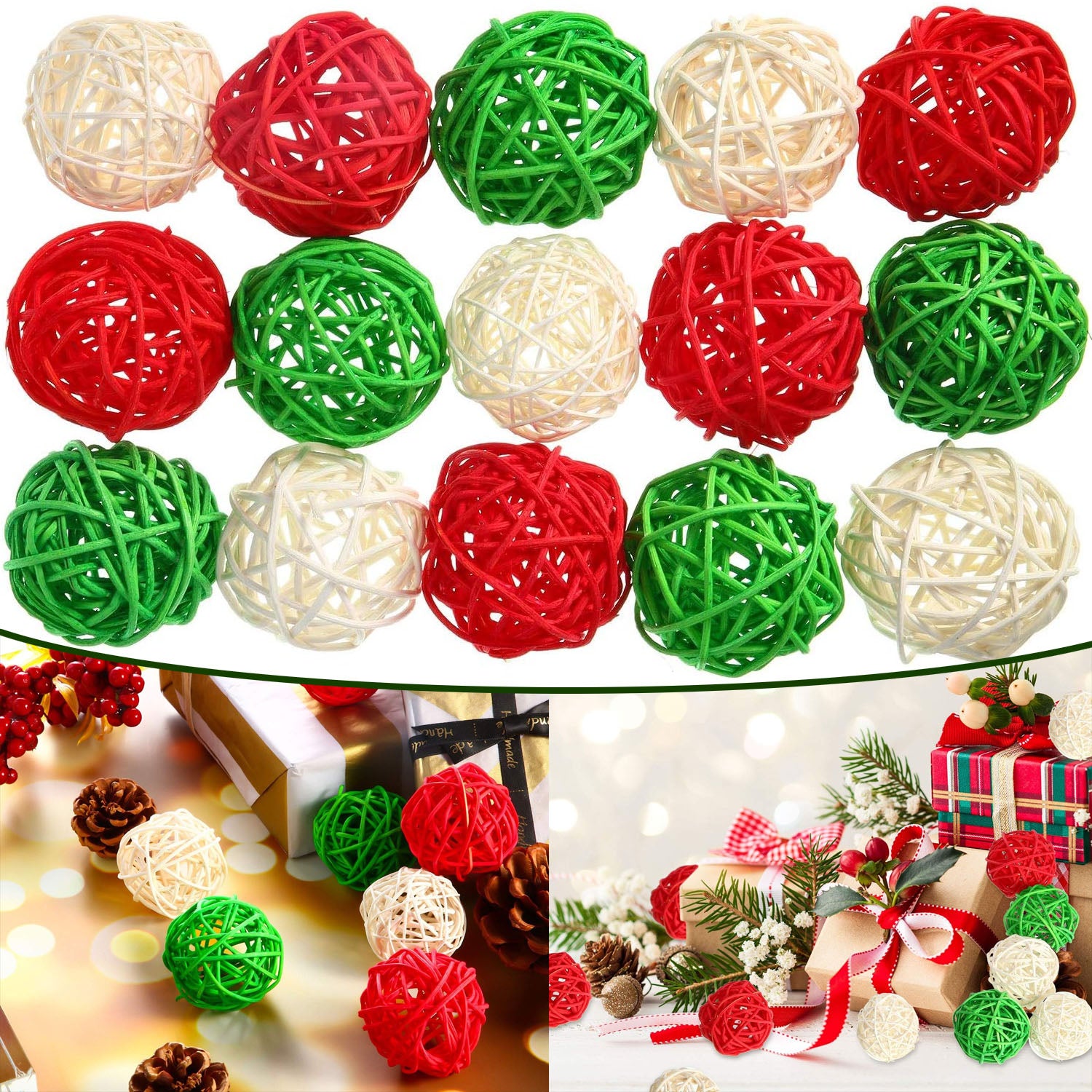 30 Pieces Wicker Rattan Balls Decorative Orbs For Bowl Centerpieces Christmas Vase Filler For Holiday Xmas Home Table Decor DIY Craft Aromatherapy Accessories, 1.2 Inch Red White Green